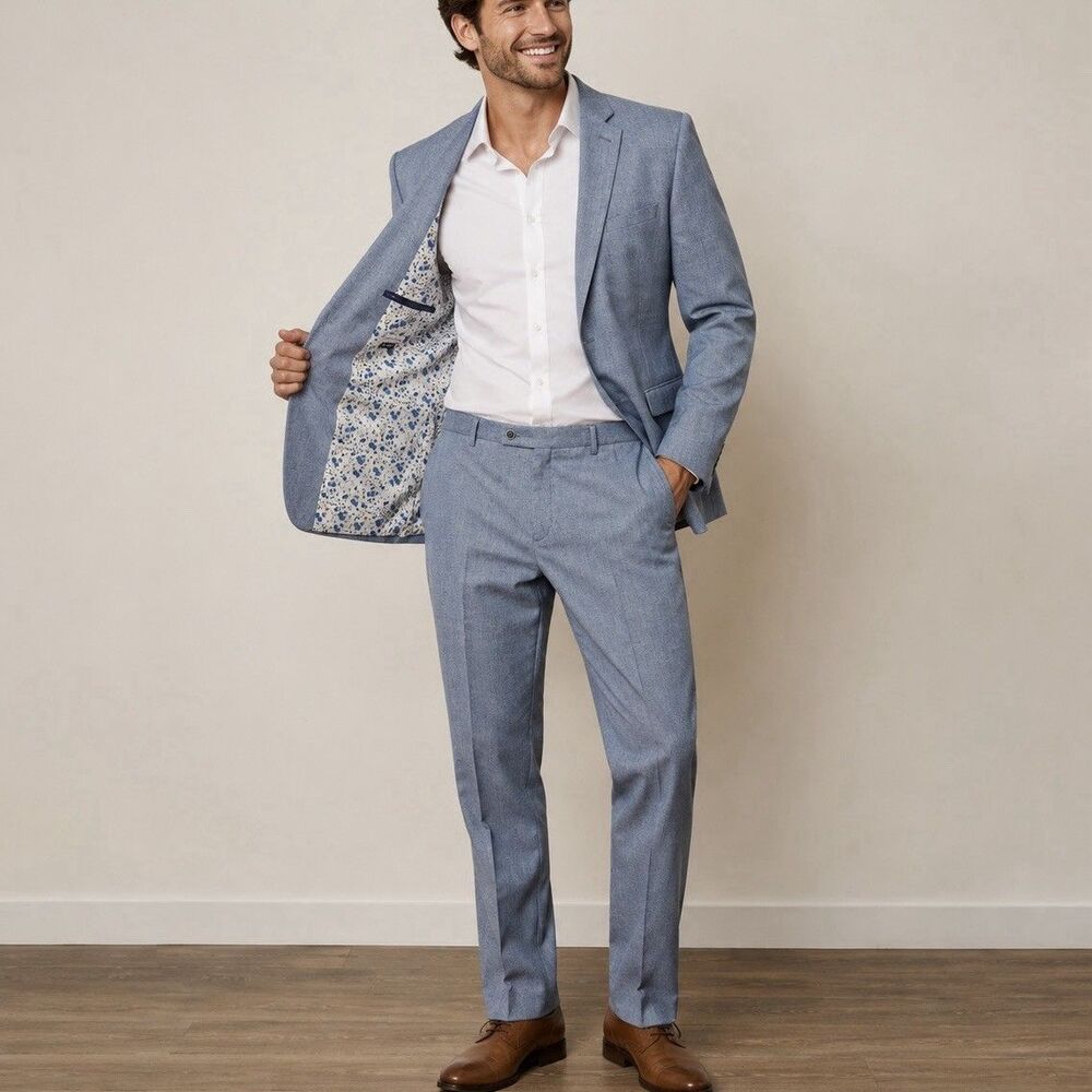 Paisley & Gray Suit XL 36W 32L Blue Linen Blend Skinny Fit 2 Piece Suit NWT